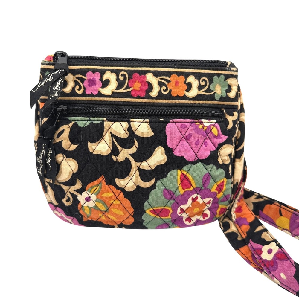 Vera Bradley Suzani Quilted Crossbody Hipster Bag Black Floral Multi Pocket